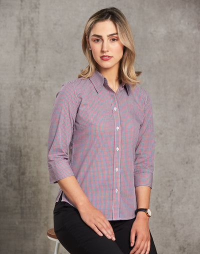 M8340Q Ladies’ two tone Mini Gingham 3/4 Sleeve Shirt